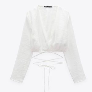 ZARA V-neck Wrap Long Sleeve Shirt Sz S White